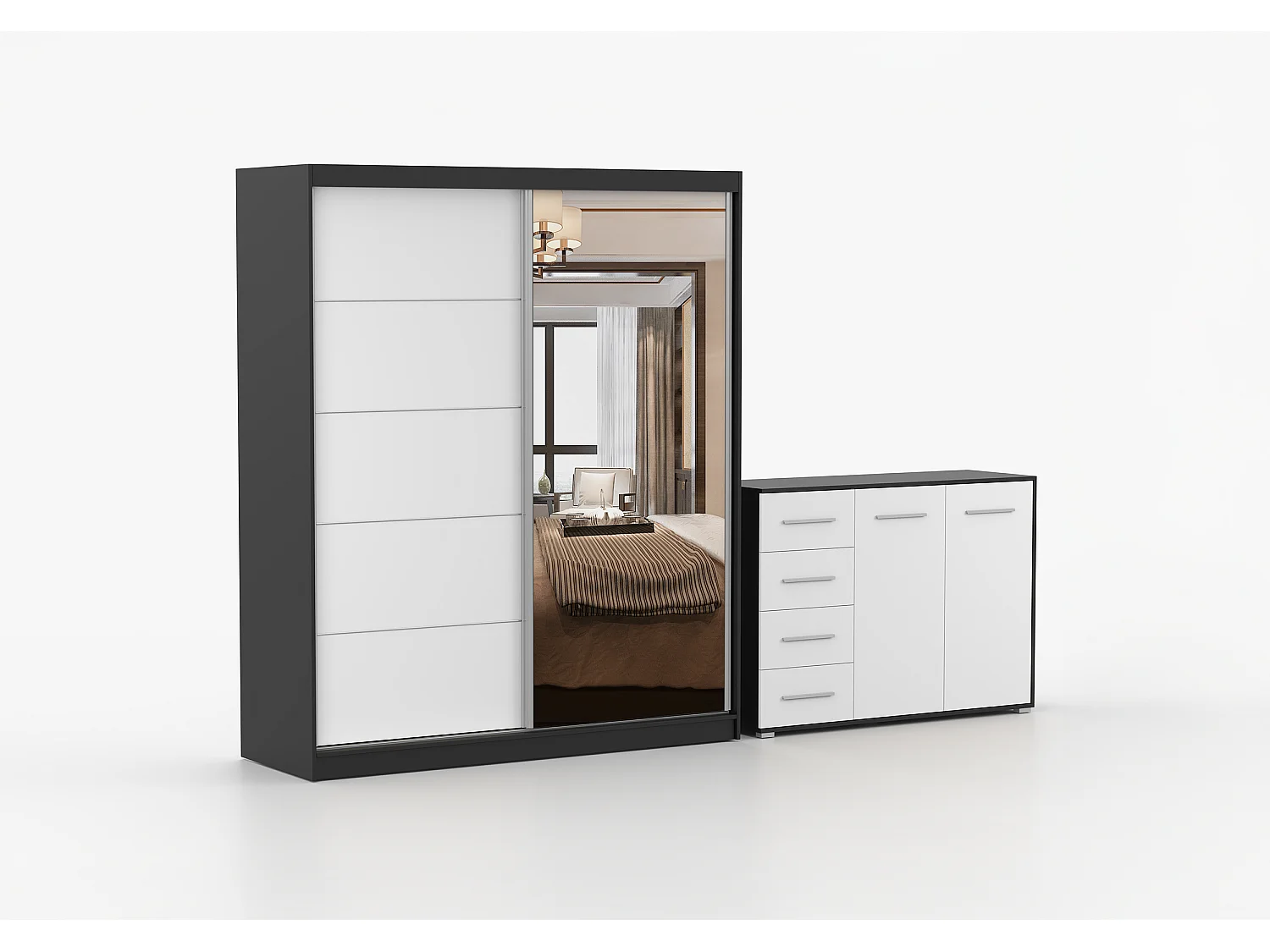 Ensemble armoire Ysalis et commode Ilario avec miroir - Noir - Blanc