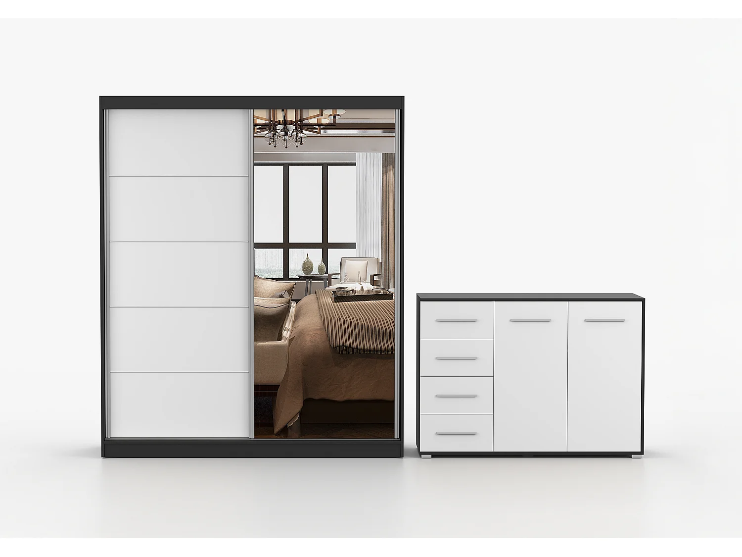 Ensemble armoire Ysalis et commode Ilario avec miroir - Noir - Blanc