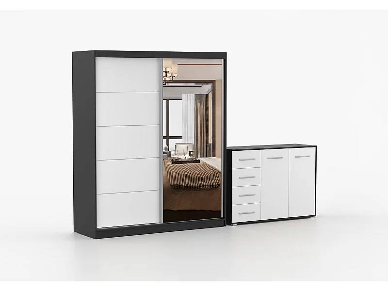 Ensemble armoire Ysalis et commode Ilario avec miroir - Noir - Blanc