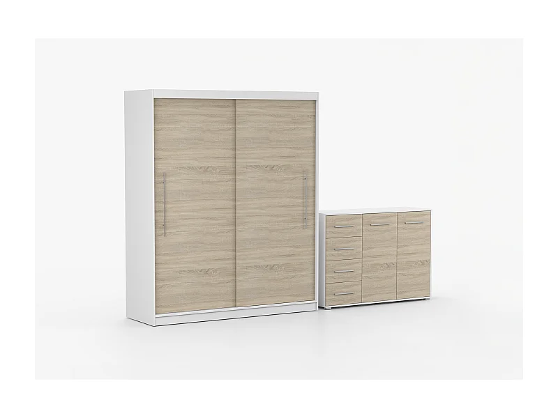 Ensemble armoire Miralys avec commode Ilario - Blanc - Chêne