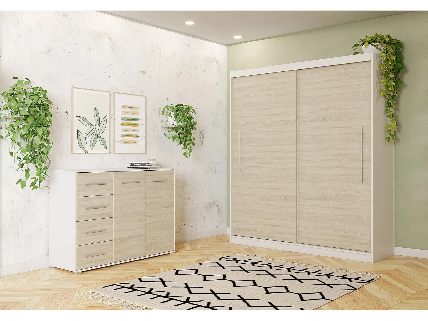 Ensemble armoire Miralys avec commode Ilario - Blanc - Chêne