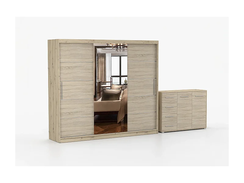 Ensemble armoire Theana et commode Ilario avec miroir - Artisan - Chêne