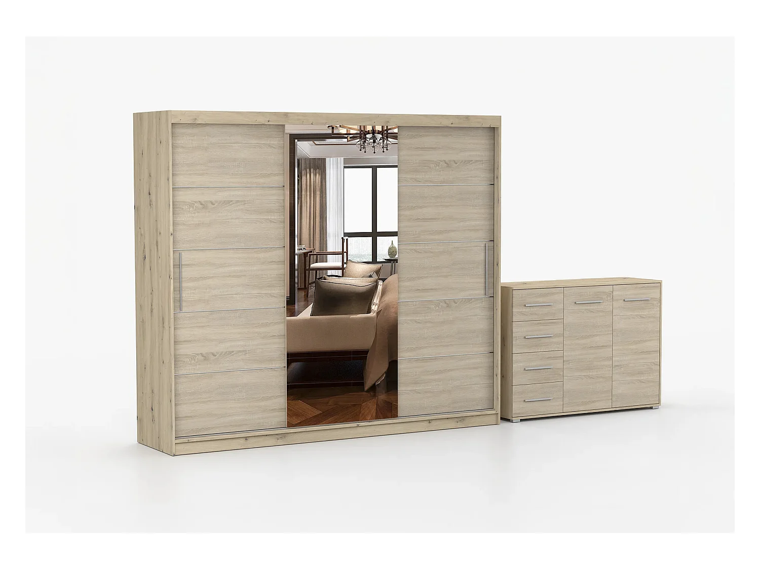 Ensemble armoire Theana et commode Ilario avec miroir - Artisan - Chêne