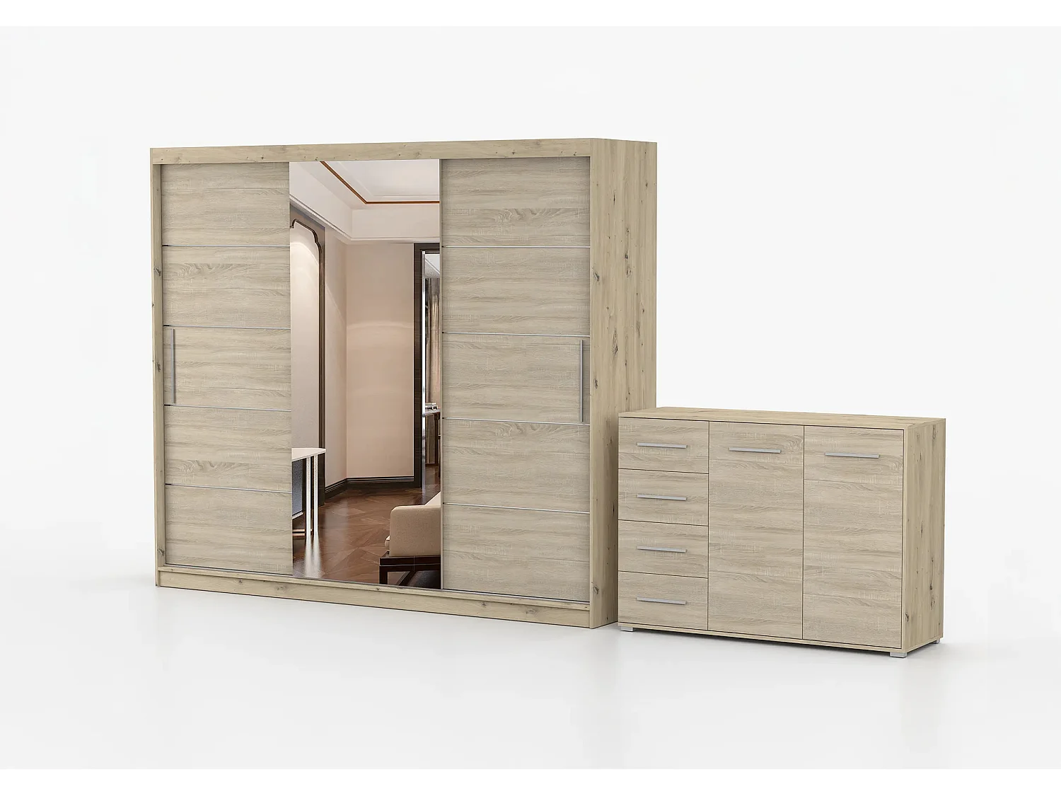 Ensemble armoire Theana et commode Ilario avec miroir - Artisan - Chêne