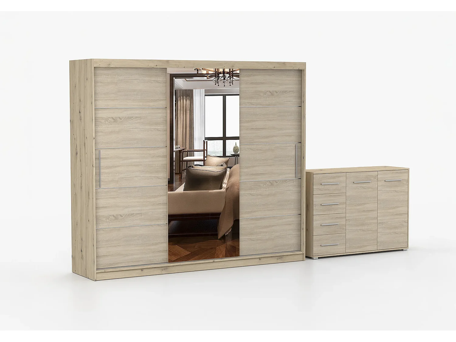 Ensemble armoire Theana et commode Ilario avec miroir - Artisan - Chêne