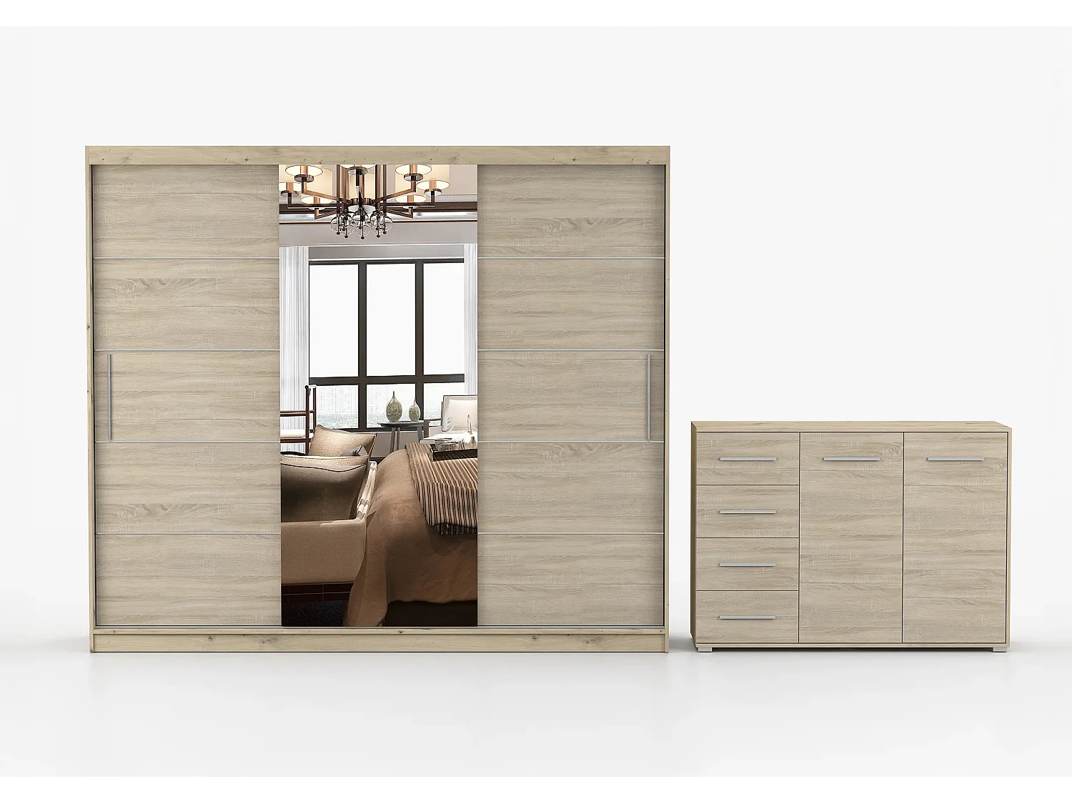 Ensemble armoire Theana et commode Ilario avec miroir - Artisan - Chêne