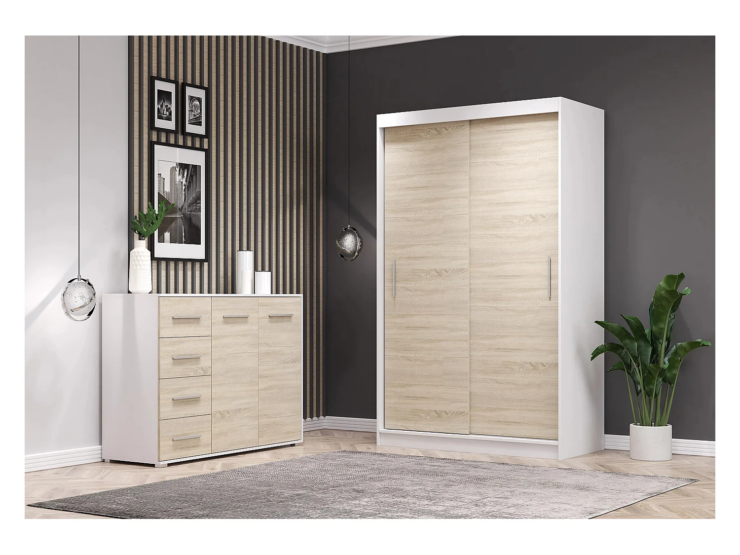 Ensemble armoire Yvae et commode Ilario - Blanc - Chêne