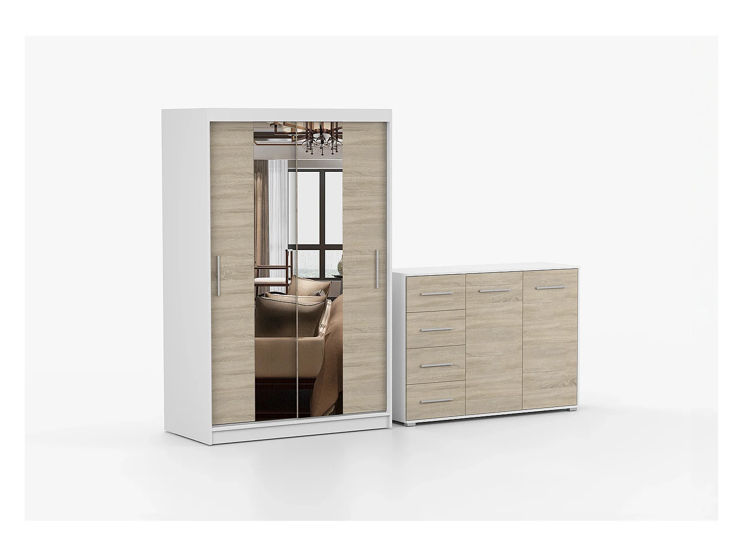 Ensemble armoire Danae et commode Ilario avec miroir - Blanc - Chêne