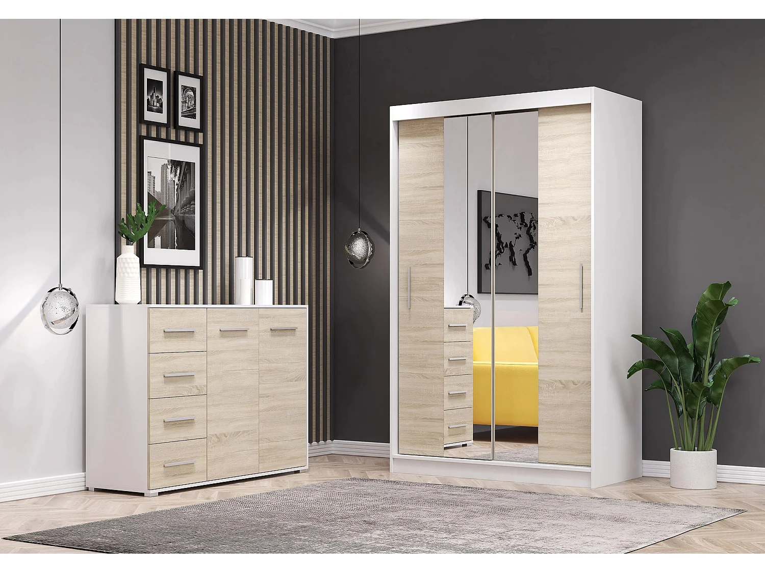 Ensemble armoire Danae et commode Ilario avec miroir - Blanc - Chêne