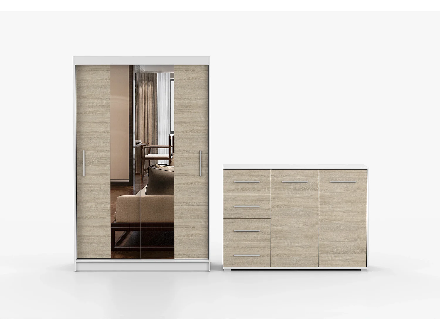 Ensemble armoire Danae et commode Ilario avec miroir - Blanc - Chêne