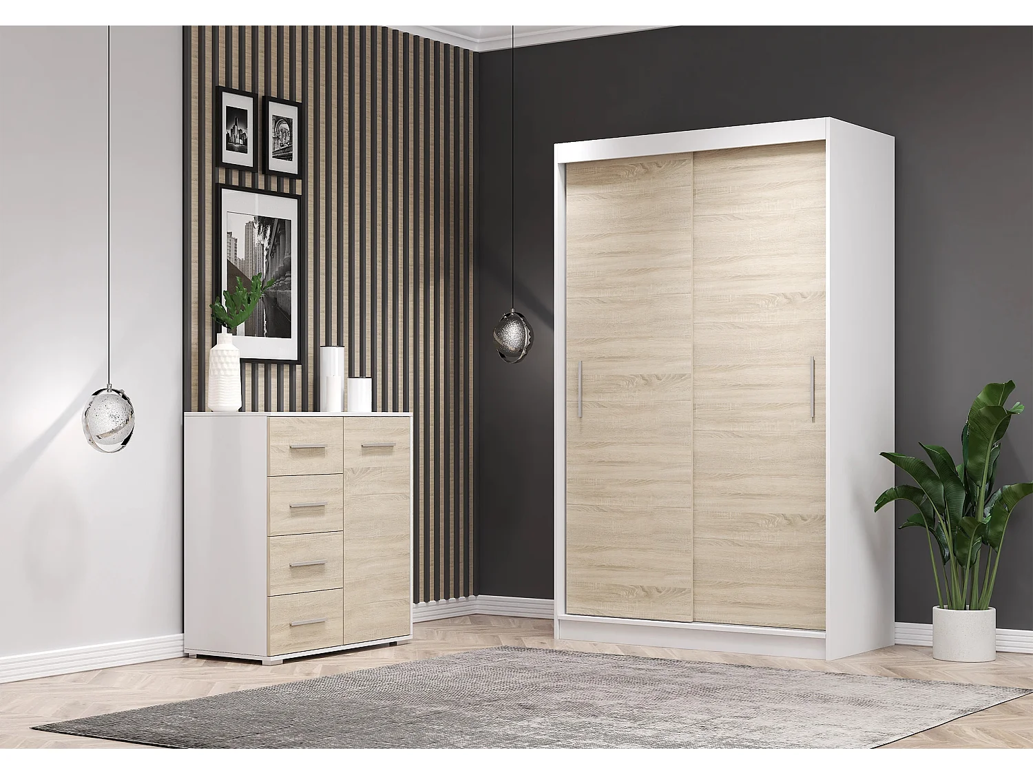 Ensemble armoire Yvae et commode Ilario - Blanc - Chêne