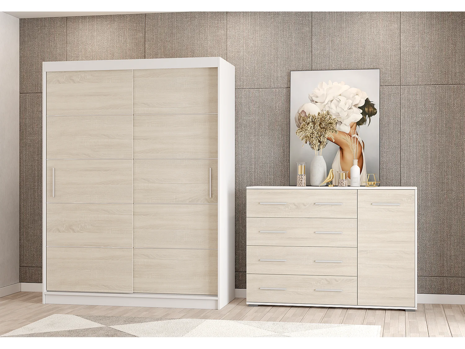 Ensemble armoire Aliona et commode Ilario - Blanc - Chêne