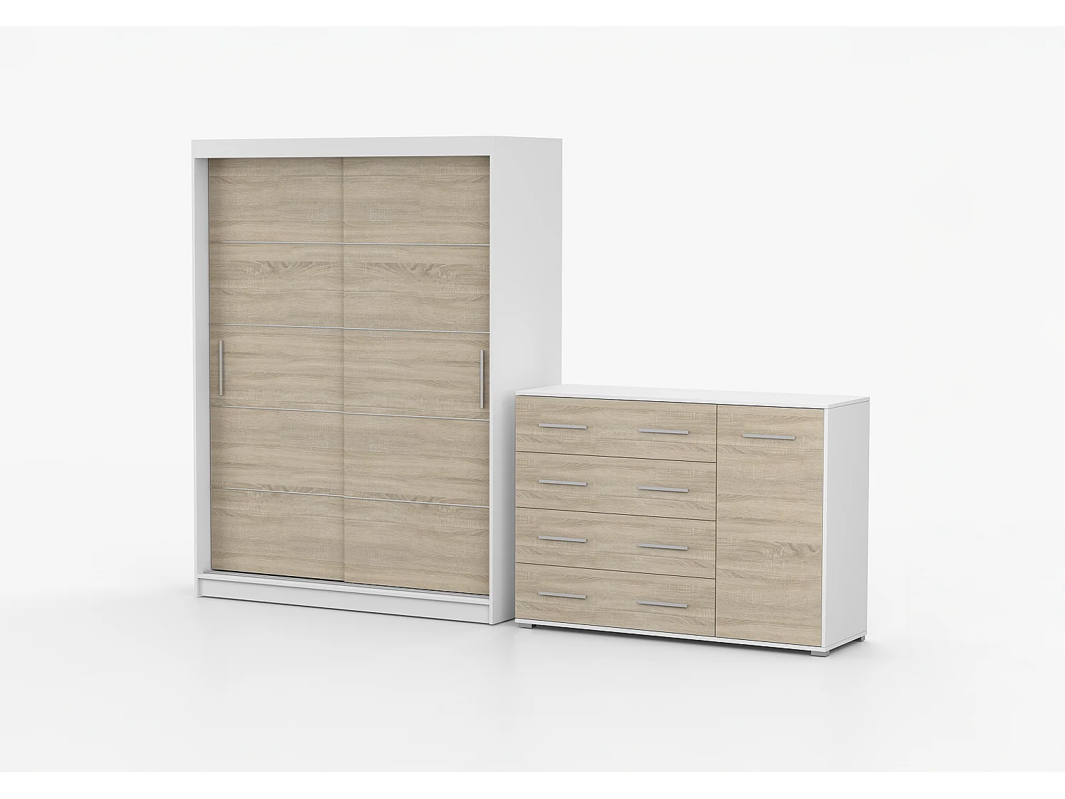 Ensemble armoire Aliona et commode Ilario - Blanc - Chêne