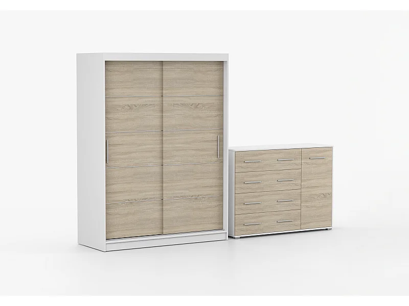 Ensemble armoire Aliona et commode Ilario - Blanc - Chêne