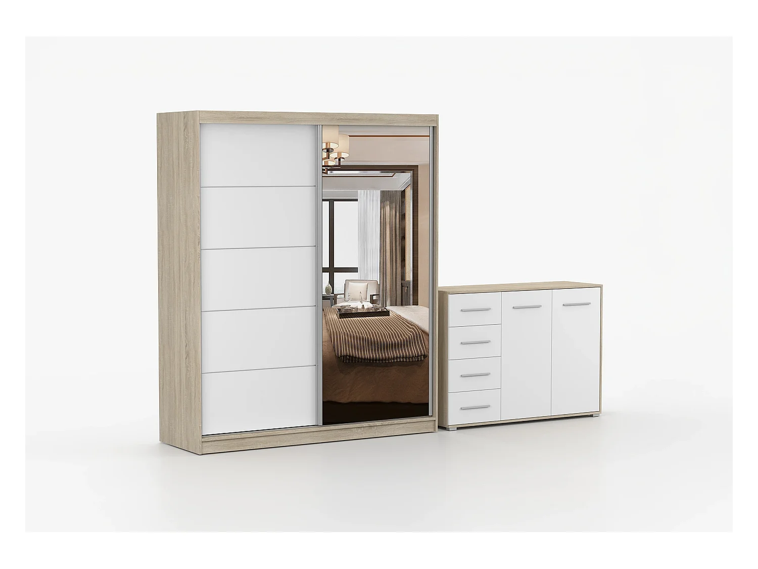 Ensemble armoire Ysalis et commode Ilario avec miroir - Chêne - Blanc