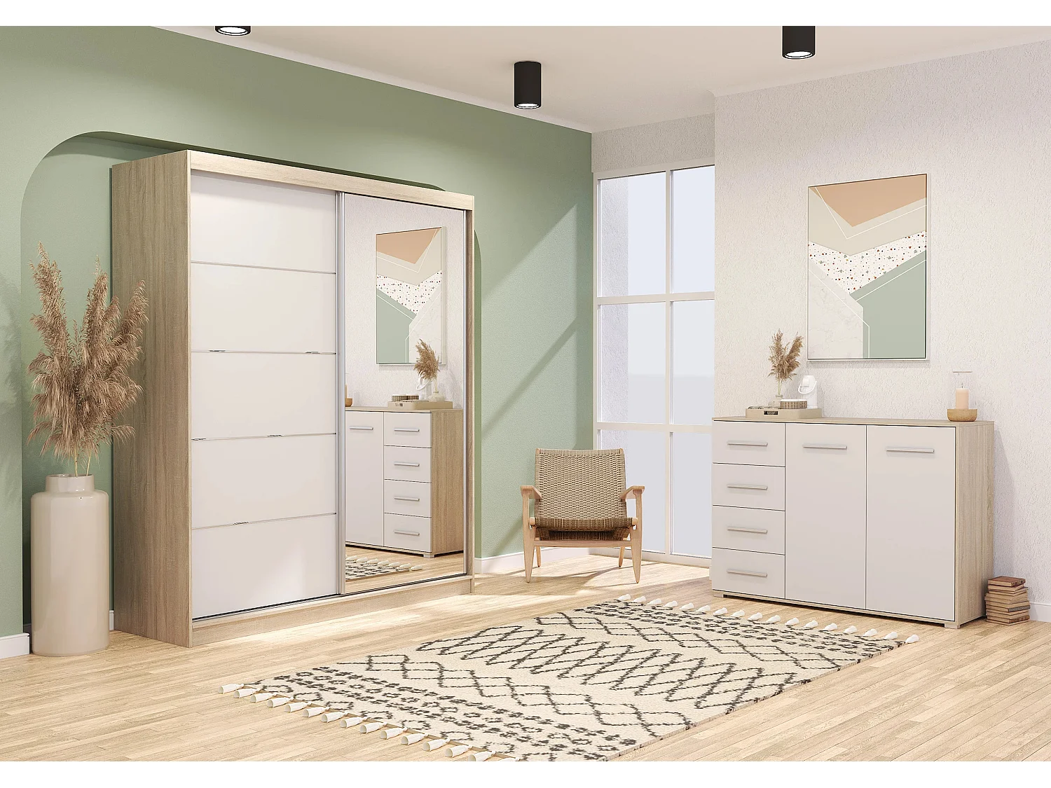 Ensemble armoire Ysalis et commode Ilario avec miroir - Chêne - Blanc