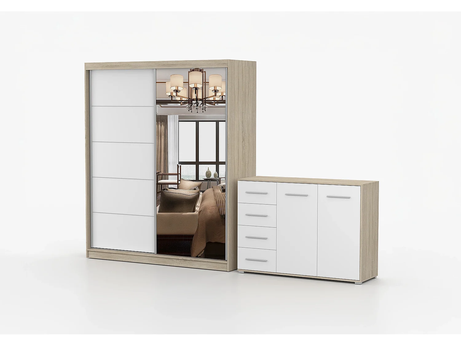 Ensemble armoire Ysalis et commode Ilario avec miroir - Chêne - Blanc