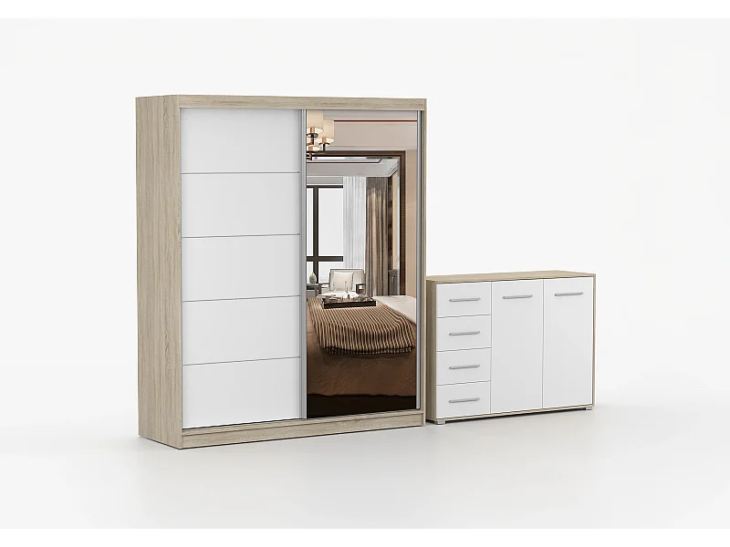 Ensemble armoire Ysalis et commode Ilario avec miroir - Chêne - Blanc