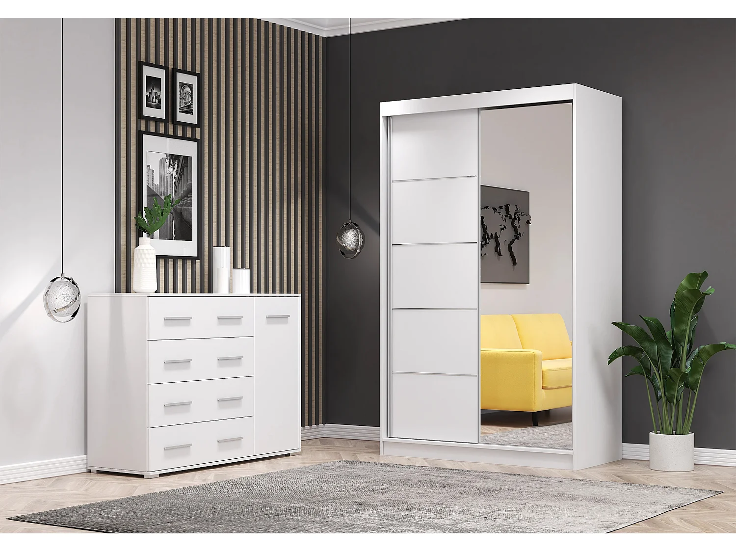 Ensemble armoire Syra et commode Ilario avec miroir - Blanc