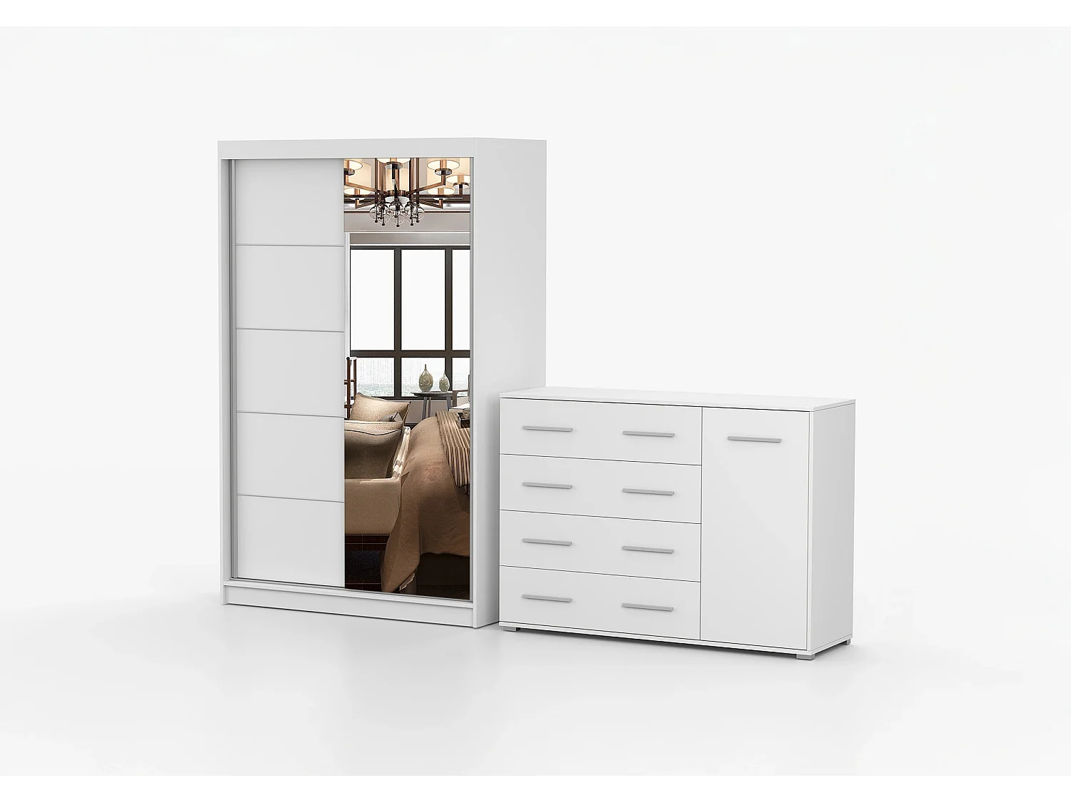 Ensemble armoire Syra et commode Ilario avec miroir - Blanc