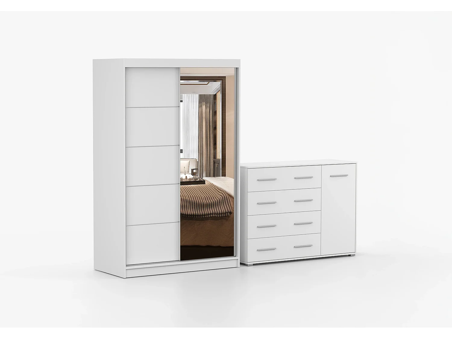 Ensemble armoire Syra et commode Ilario avec miroir - Blanc