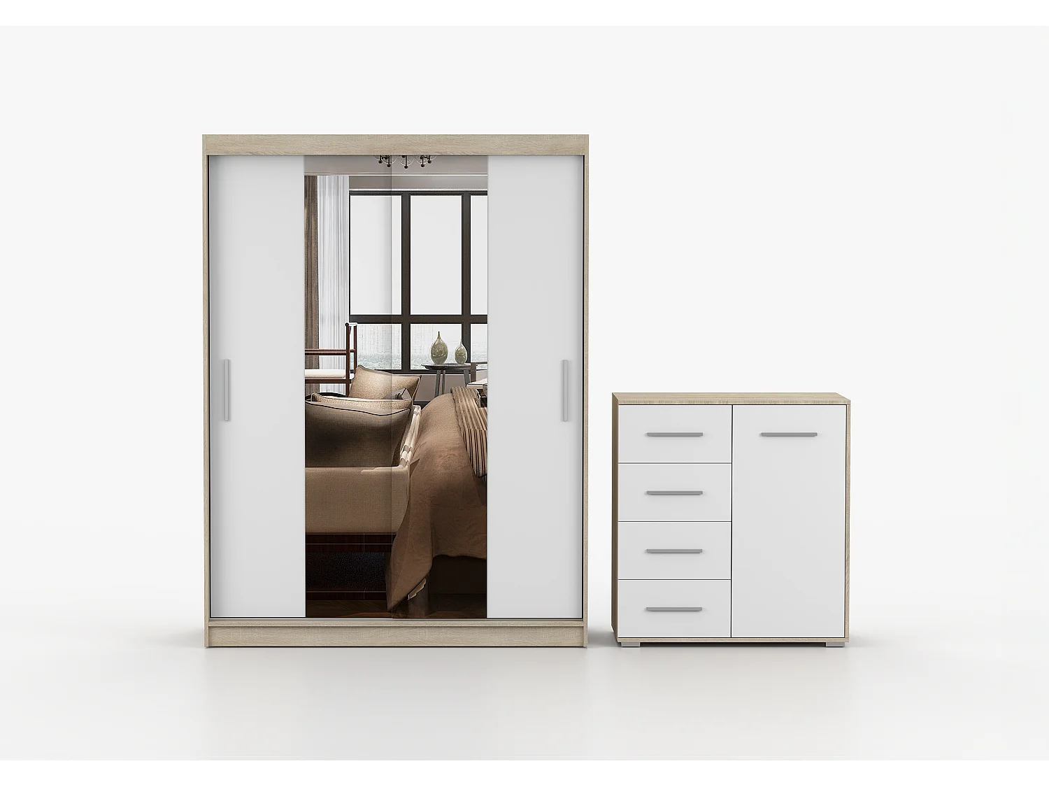 Ensemble armoire et commode Aenora Ilario avec miroir - Chêne - Blanc