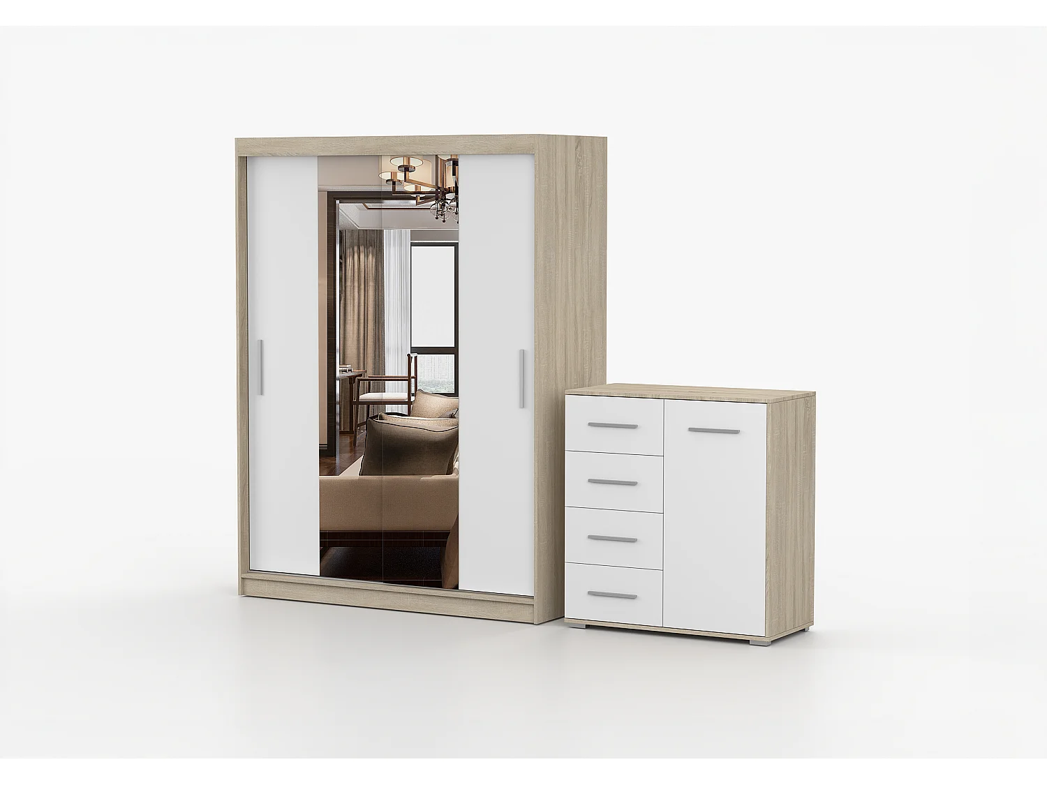 Ensemble armoire et commode Aenora Ilario avec miroir - Chêne - Blanc