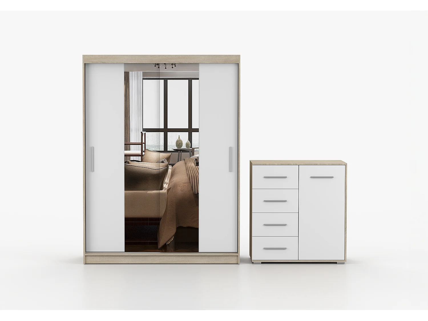 Ensemble armoire et commode Aenora Ilario avec miroir - Chêne - Blanc