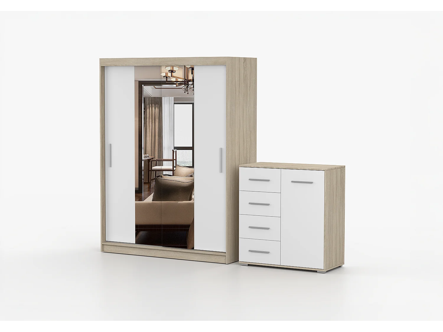 Ensemble armoire et commode Aenora Ilario avec miroir - Chêne - Blanc