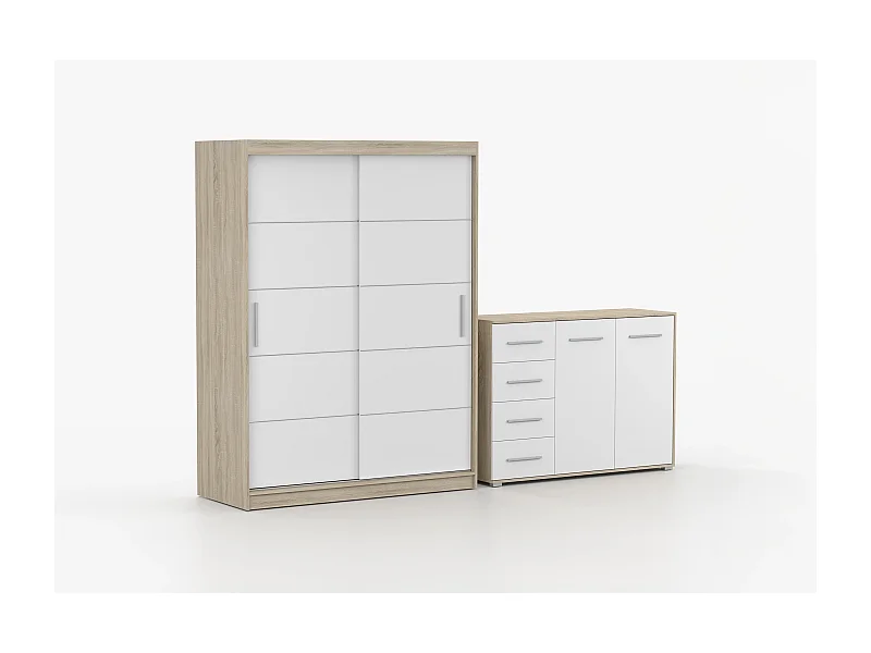 Ensemble armoire Lilwenn et commode Ilario - Chêne - Blanc