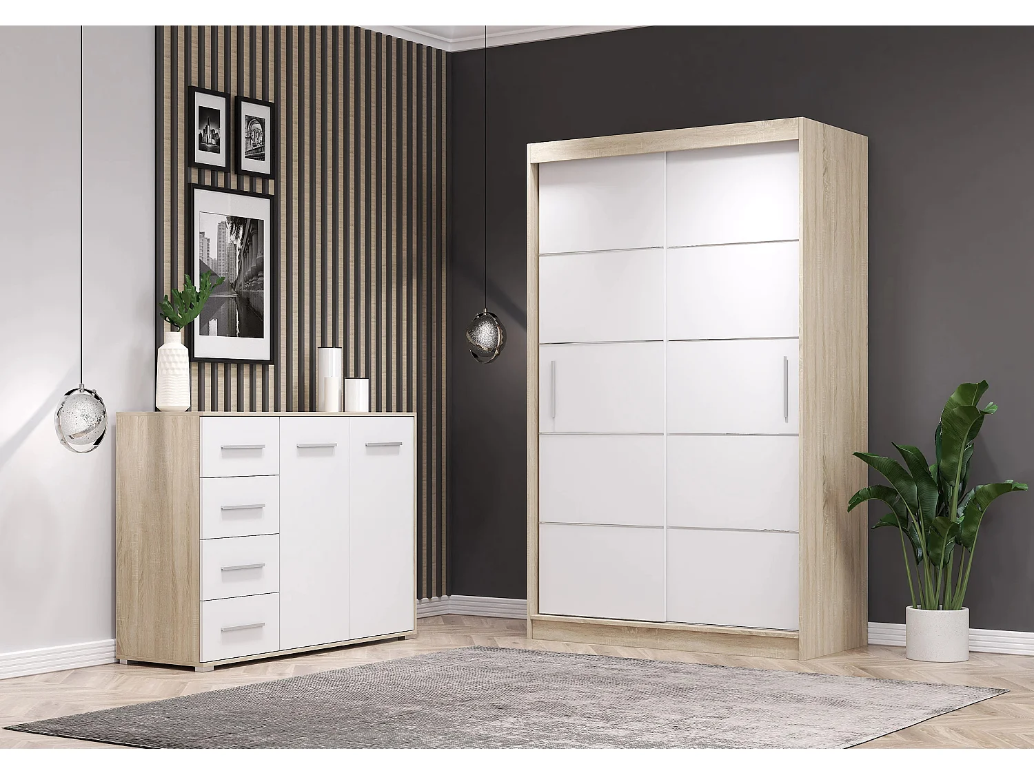 Ensemble armoire Lilwenn et commode Ilario - Chêne - Blanc