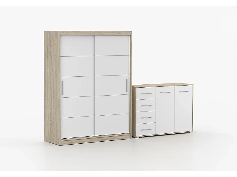 Ensemble armoire Lilwenn et commode Ilario - Chêne - Blanc