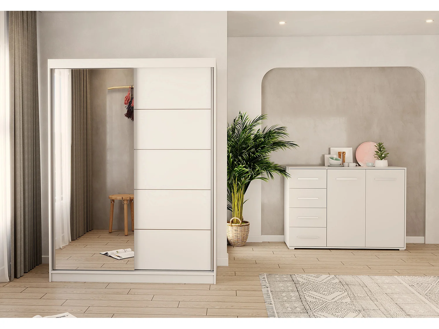 Ensemble armoire Vaiana et commode Ilario-150 avec miroir - Blanc