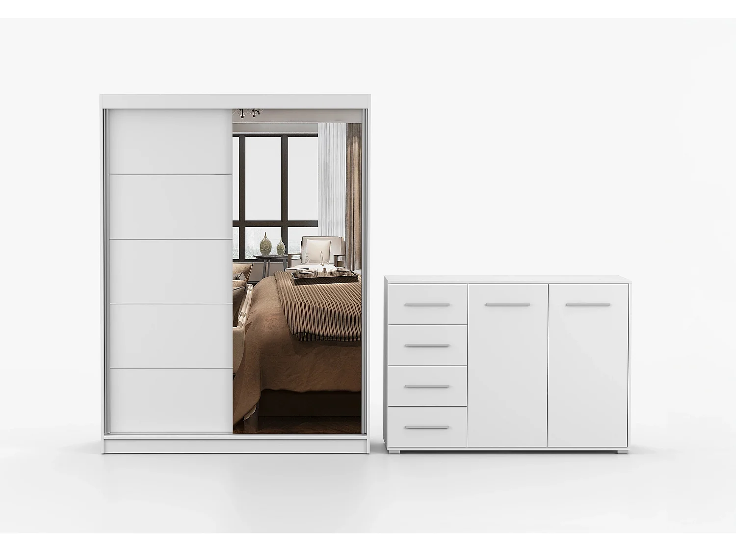 Ensemble armoire Vaiana et commode Ilario-150 avec miroir - Blanc