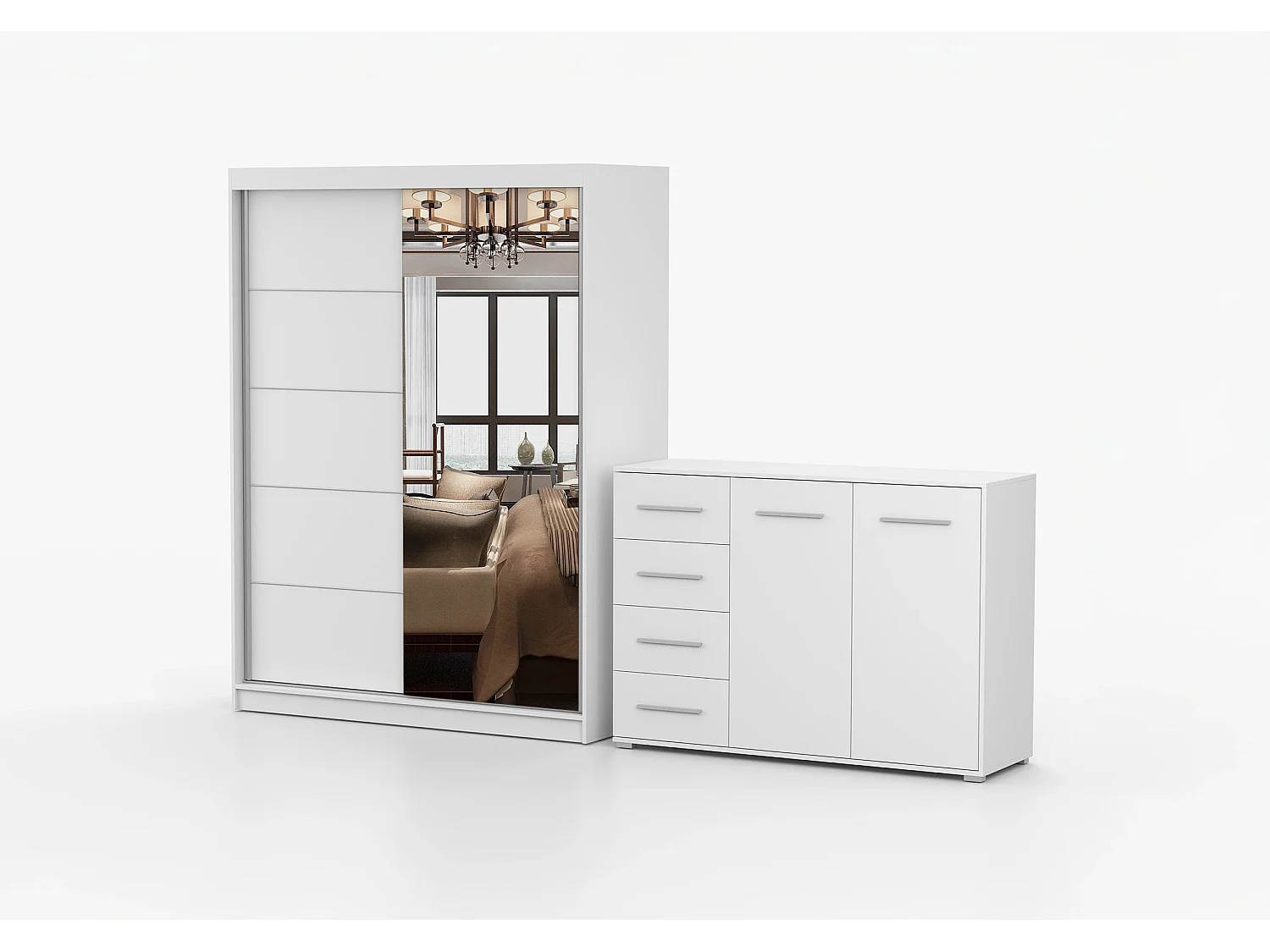Ensemble armoire Vaiana et commode Ilario-150 avec miroir - Blanc