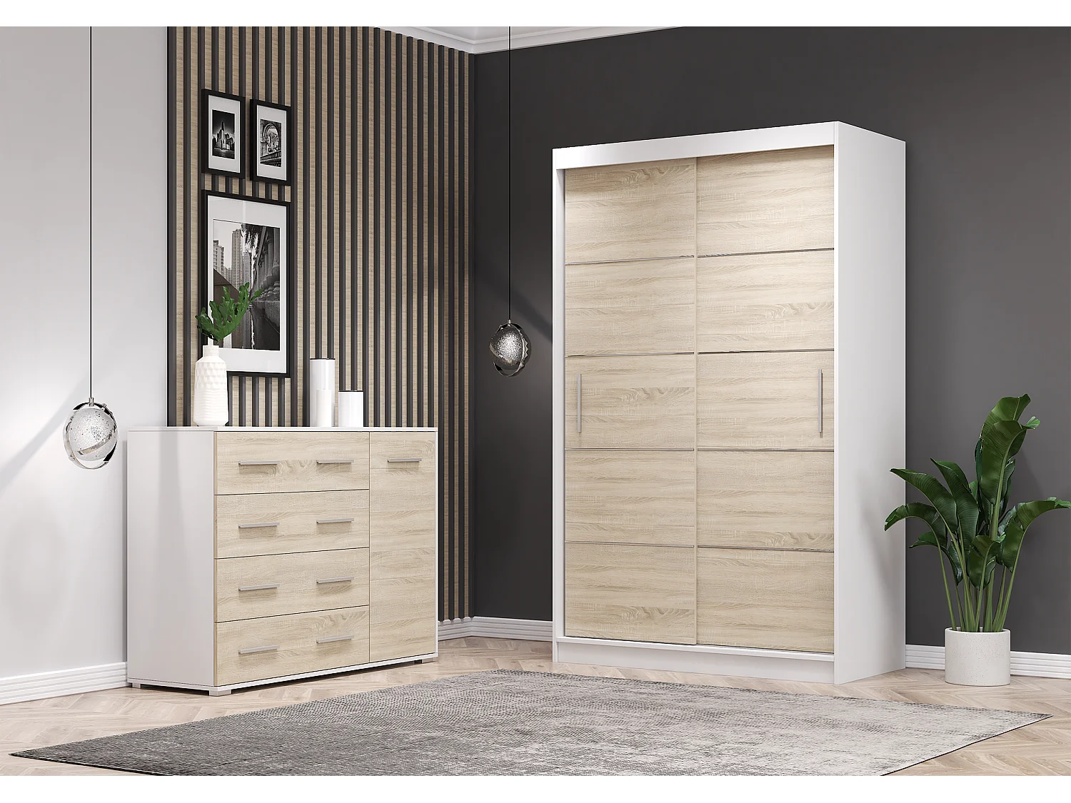 Ensemble armoire Lilwenn et commode Ilario - Blanc - Chêne