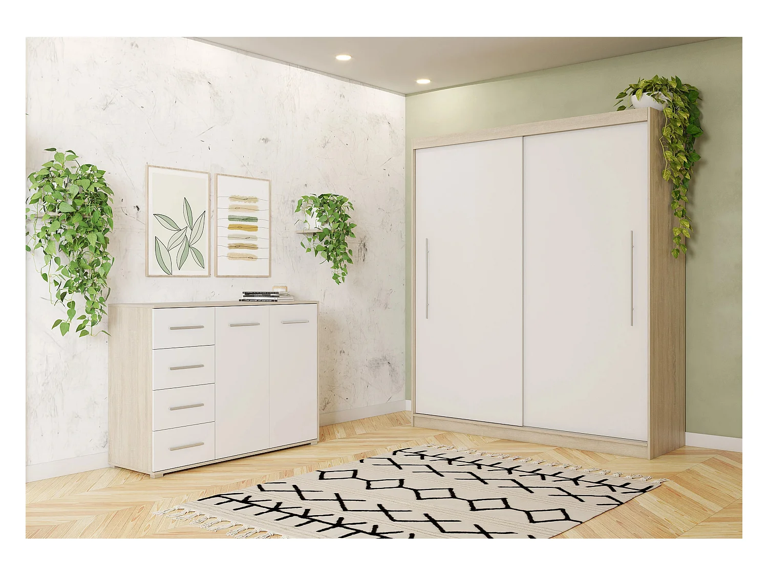 Ensemble armoire Miralys avec commode Ilario - Chêne - Blanc