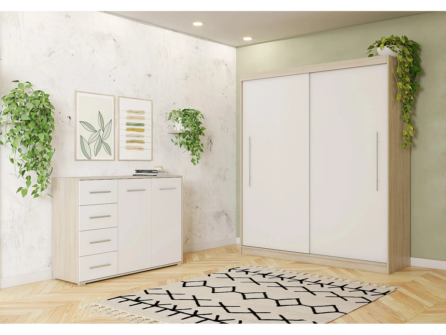 Ensemble armoire Miralys avec commode Ilario - Chêne - Blanc