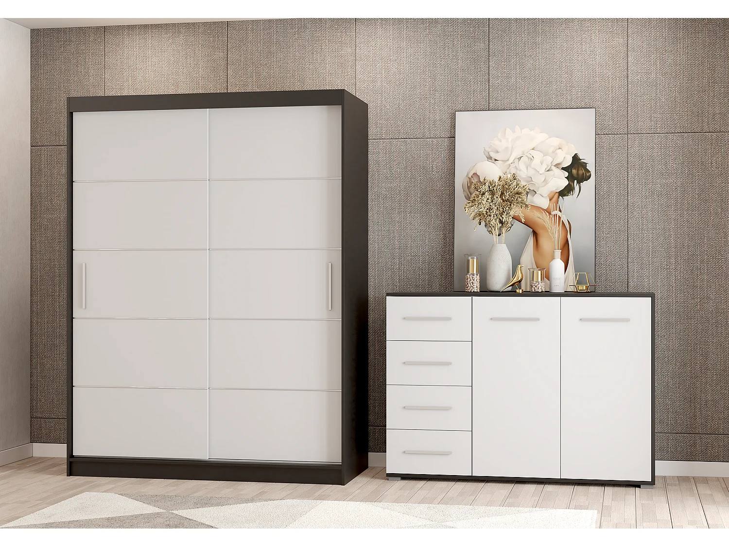 Ensemble armoire Aliona et commode Ilario - Noir - Blanc