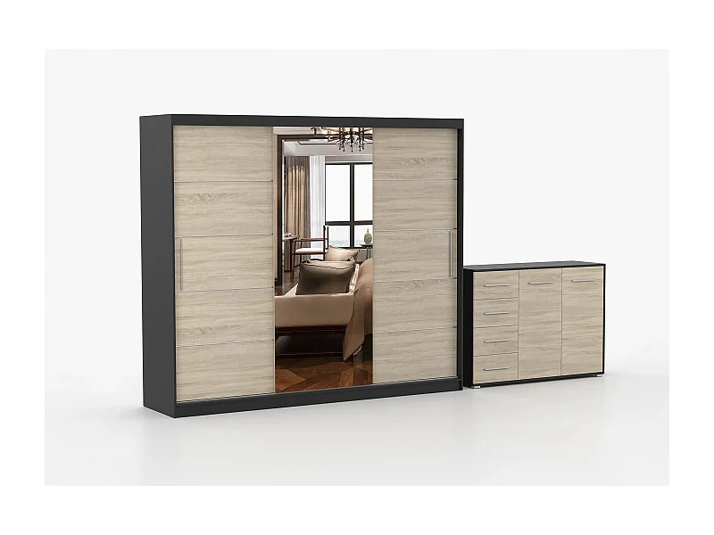 Ensemble armoire Theana et commode Ilario avec miroir - Noir - Chêne