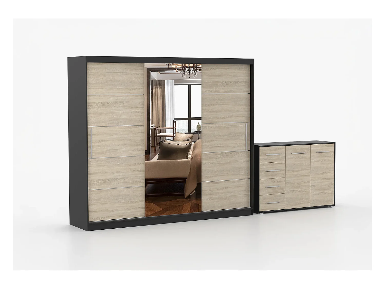 Ensemble armoire Theana et commode Ilario avec miroir - Noir - Chêne