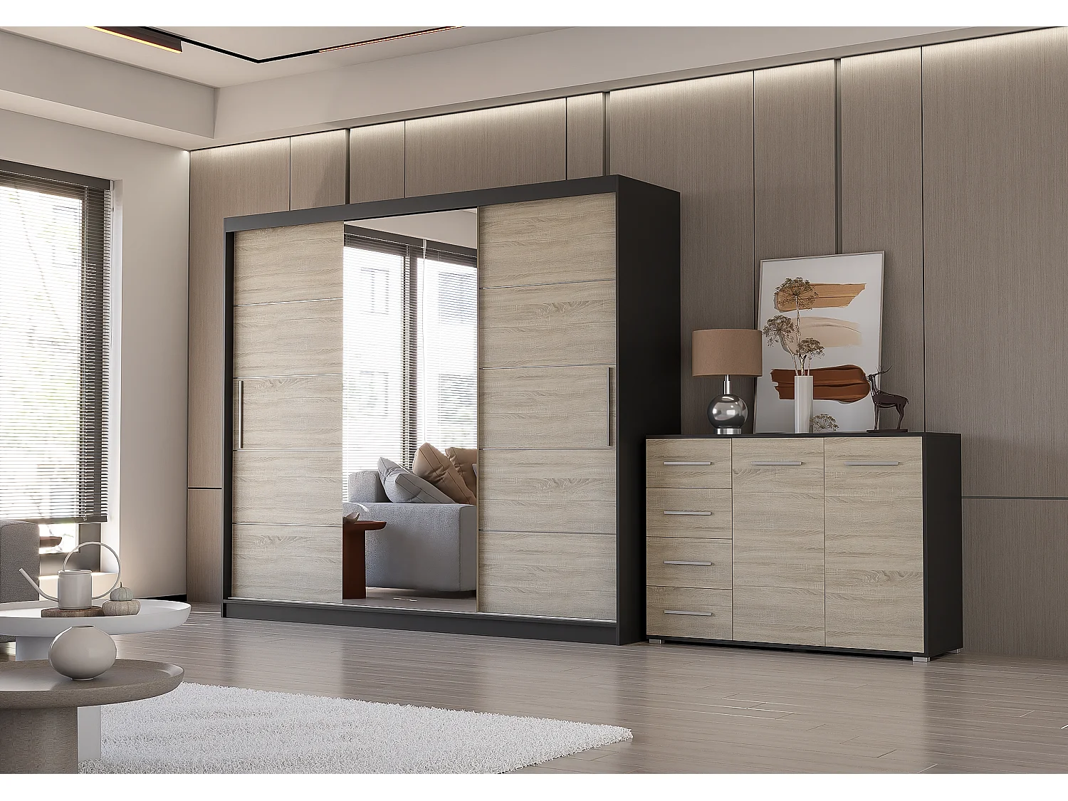 Ensemble armoire Theana et commode Ilario avec miroir - Noir - Chêne