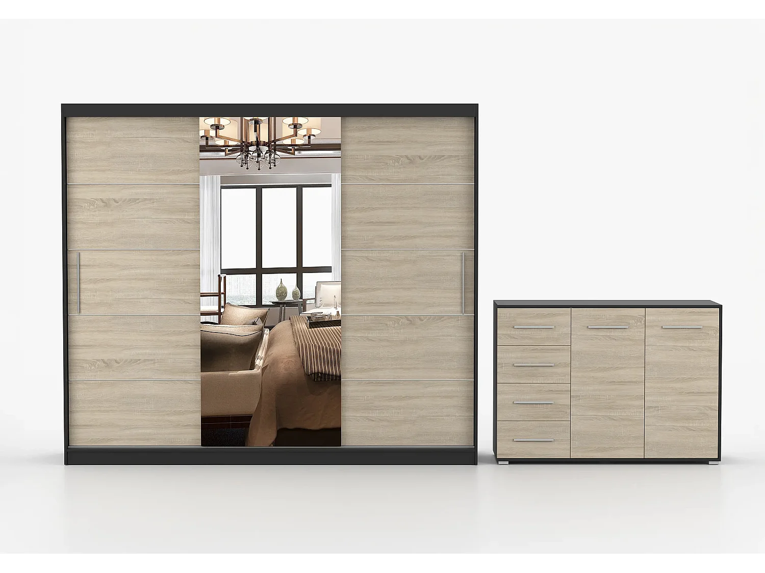 Ensemble armoire Theana et commode Ilario avec miroir - Noir - Chêne