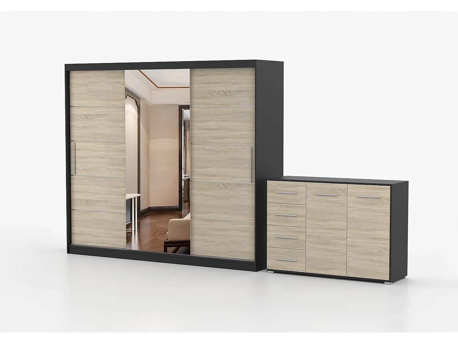 Ensemble armoire Theana et commode Ilario avec miroir - Noir - Chêne