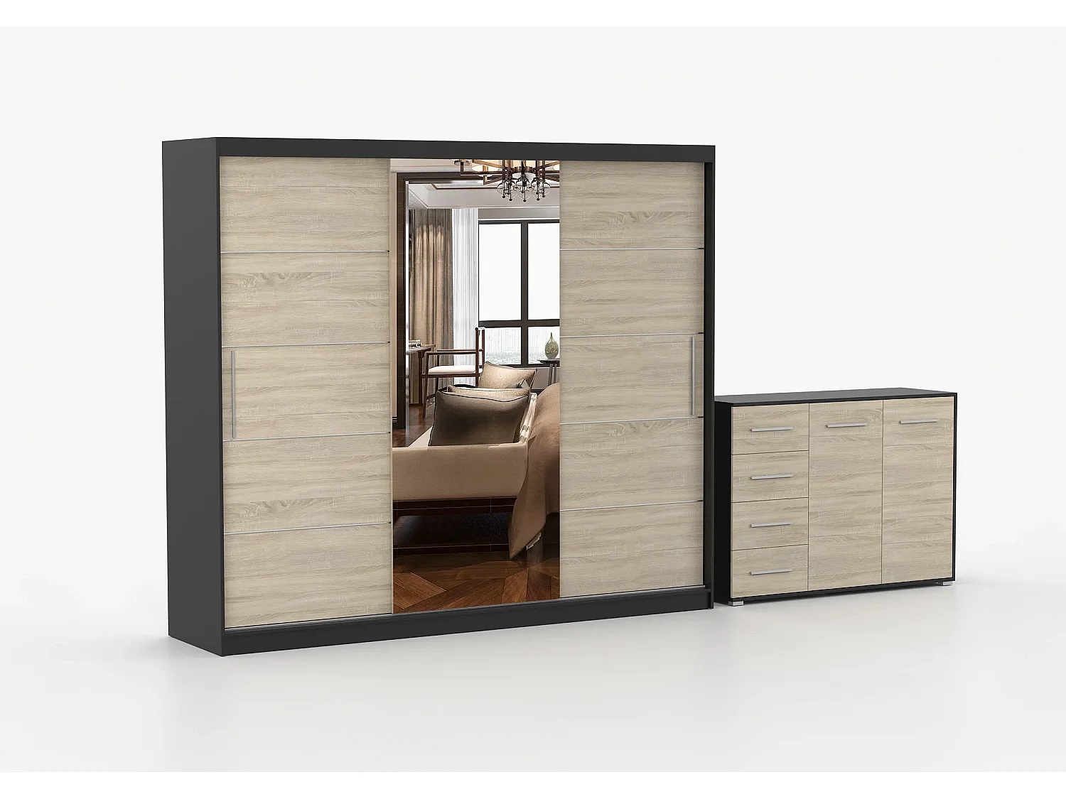 Ensemble armoire Theana et commode Ilario avec miroir - Noir - Chêne