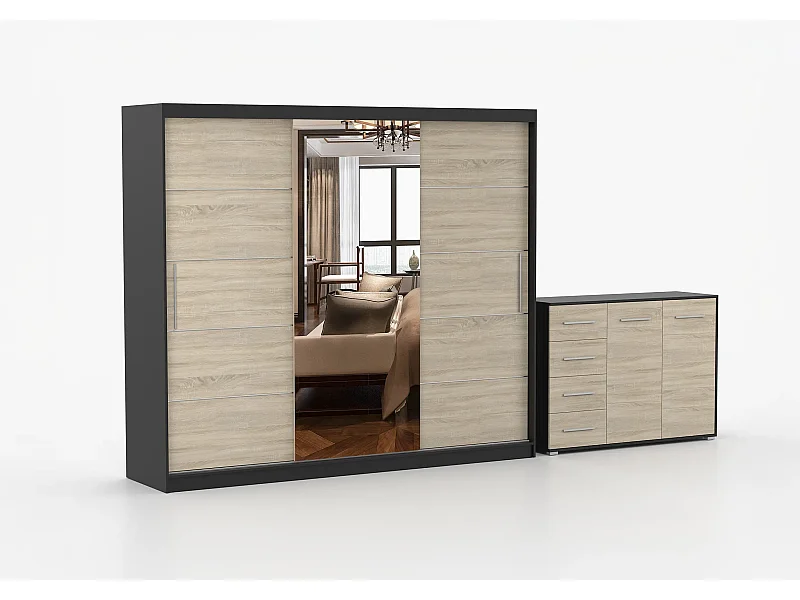 Ensemble armoire Theana et commode Ilario avec miroir - Noir - Chêne