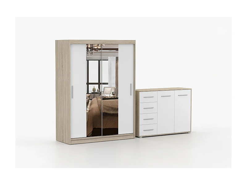 Ensemble armoire Aenora et commode Ilario - Chêne - Blanc