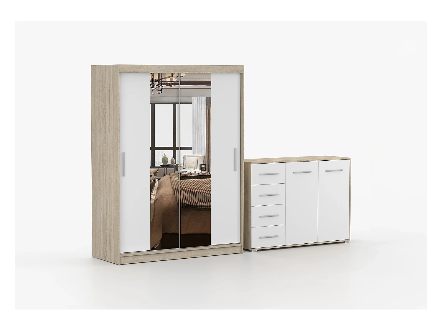 Ensemble armoire Aenora et commode Ilario - Chêne - Blanc