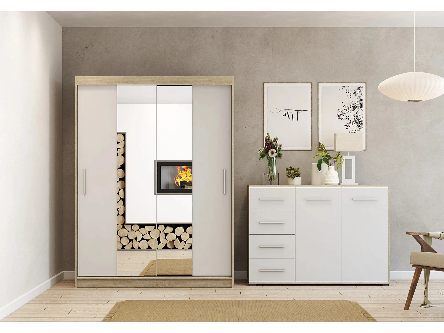 Ensemble armoire Aenora et commode Ilario - Chêne - Blanc