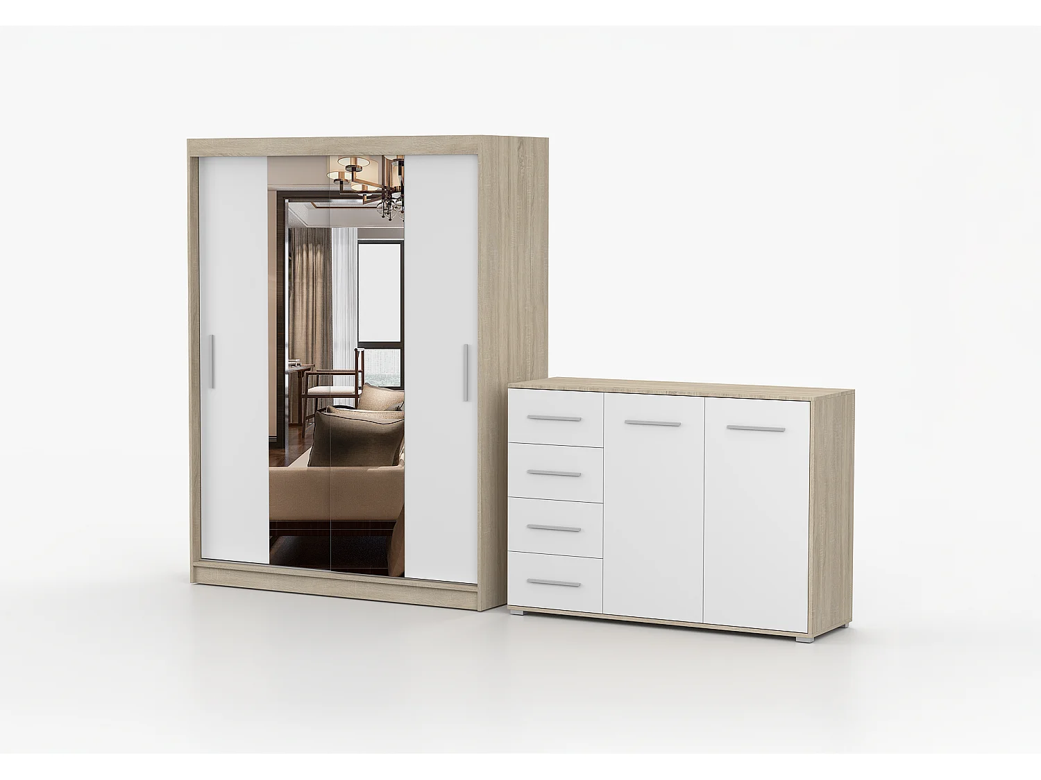 Ensemble armoire Aenora et commode Ilario - Chêne - Blanc